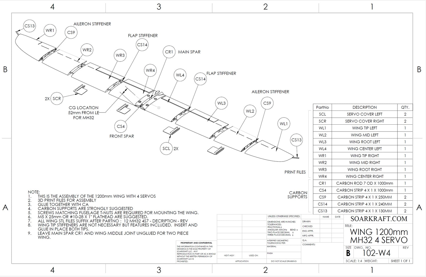 Wing 1200mm 4 Servo (Flaps) - MH32 Airfoil