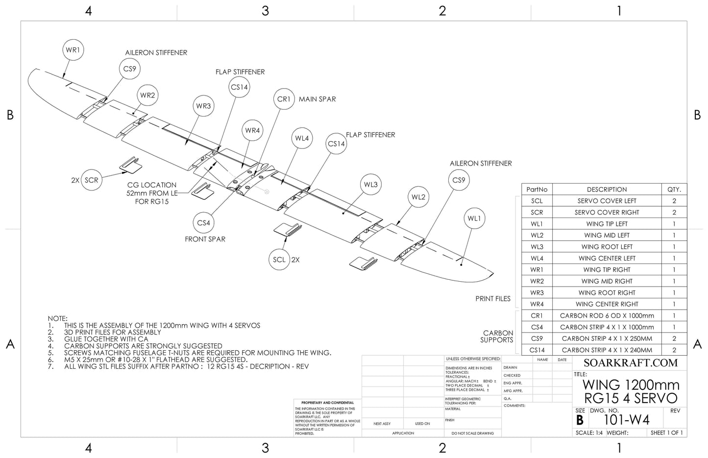 Wing 1200mm 4 Servo (Flaps) - RG15 Airfoil