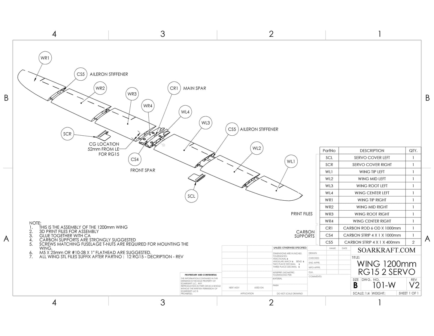 Wing 1200mm 2 Servo - RG15 Airfoil